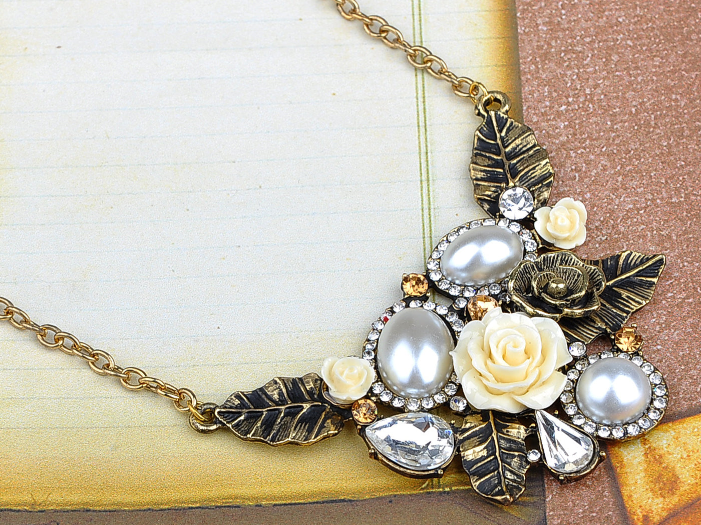 Antique Pearl Floral Flower Cream Rose Bib Necklace