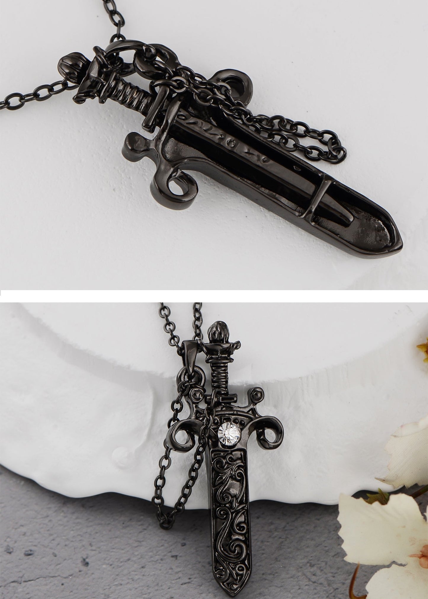 Antique Fantasy Medieval Renaissance Removable Scabbard Rune Sword Dagger Pendant Necklace