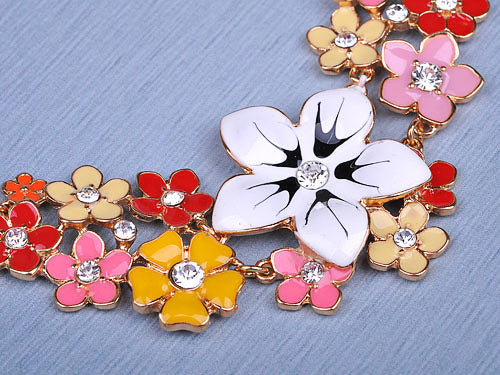 Enamel Flower And Butterfly Bib Statement Necklace Pearl