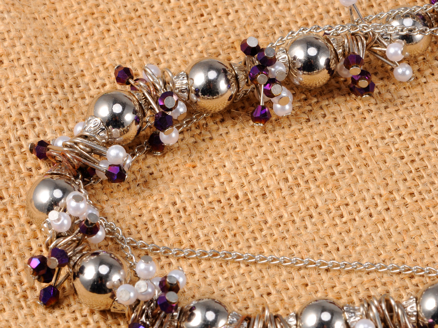 Silver Purple Pearl Beaded Chain Multilayer Party Choker Necklace