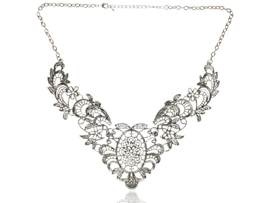 Antique Intricate Detail Floral Flower Pendant Necklace