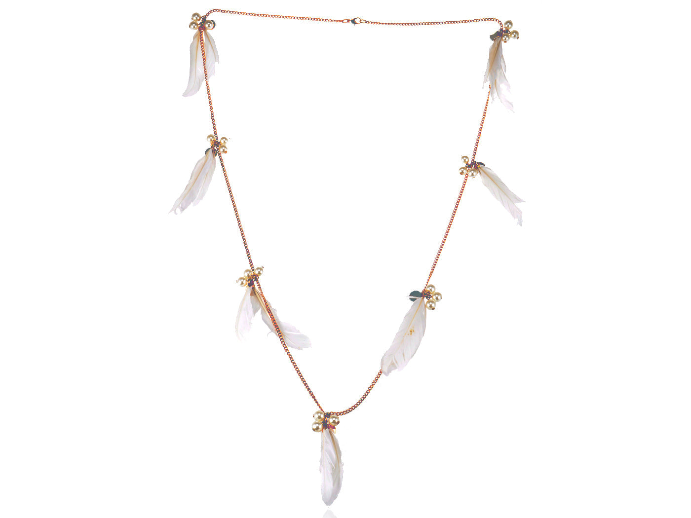 Fun Able White Feather Pearl Beaded Dangle Necklace