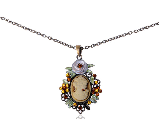 Vintage Reproduction Floral Cameo Maid Necklace Pendant