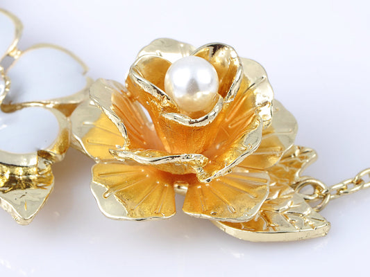 Flower Pearl Statement Bib Necklace With Gray Yellow Enamel