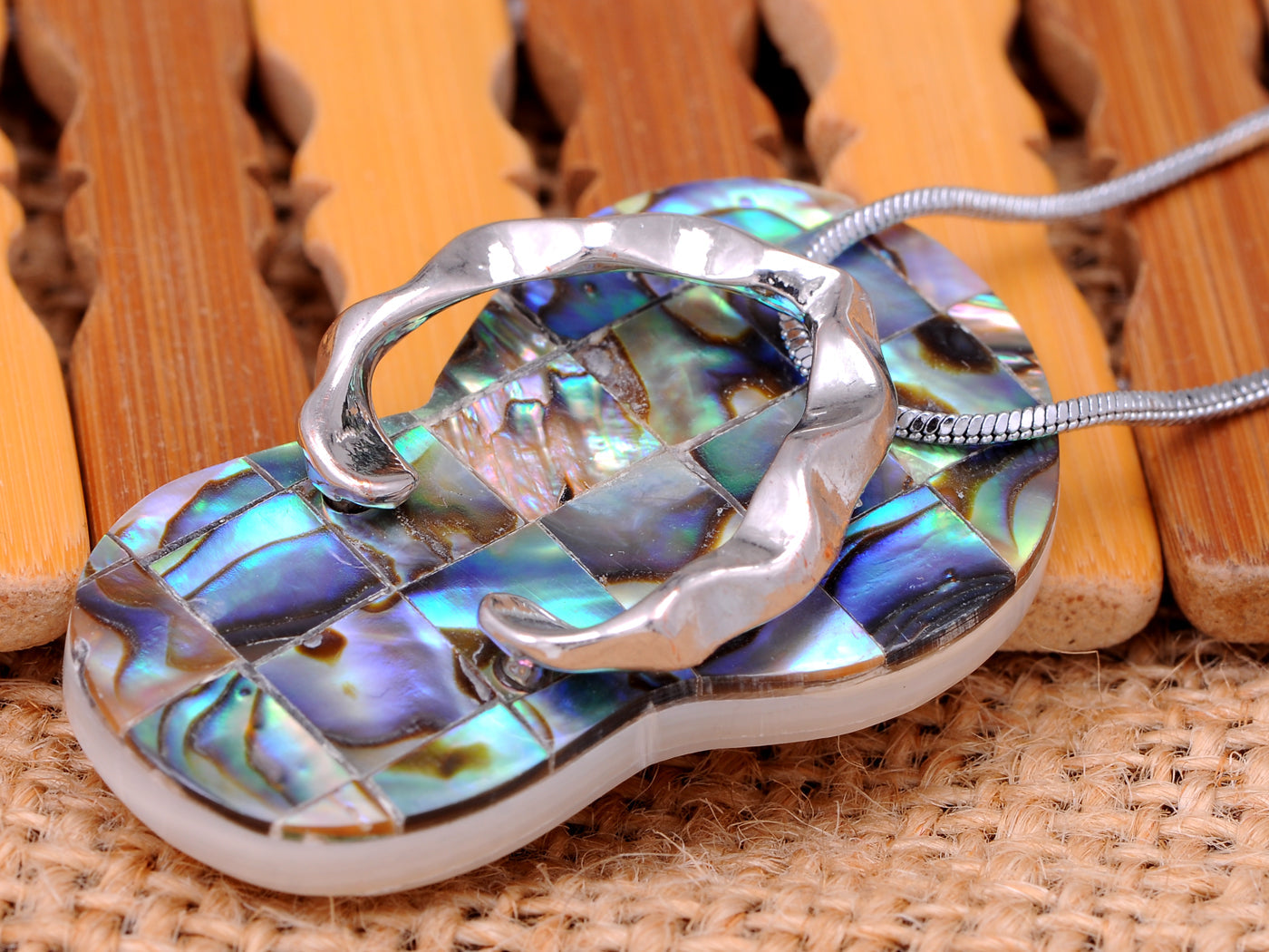 ALILANG Silver Tone Blue Opal Flip-Flop Sandal Charm Pendant Fashionable Necklace - Abalone Paua Shell