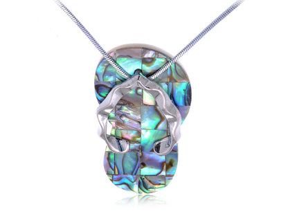 ALILANG Silver Tone Blue Opal Flip-Flop Sandal Charm Pendant Fashionable Necklace - Abalone Paua Shell