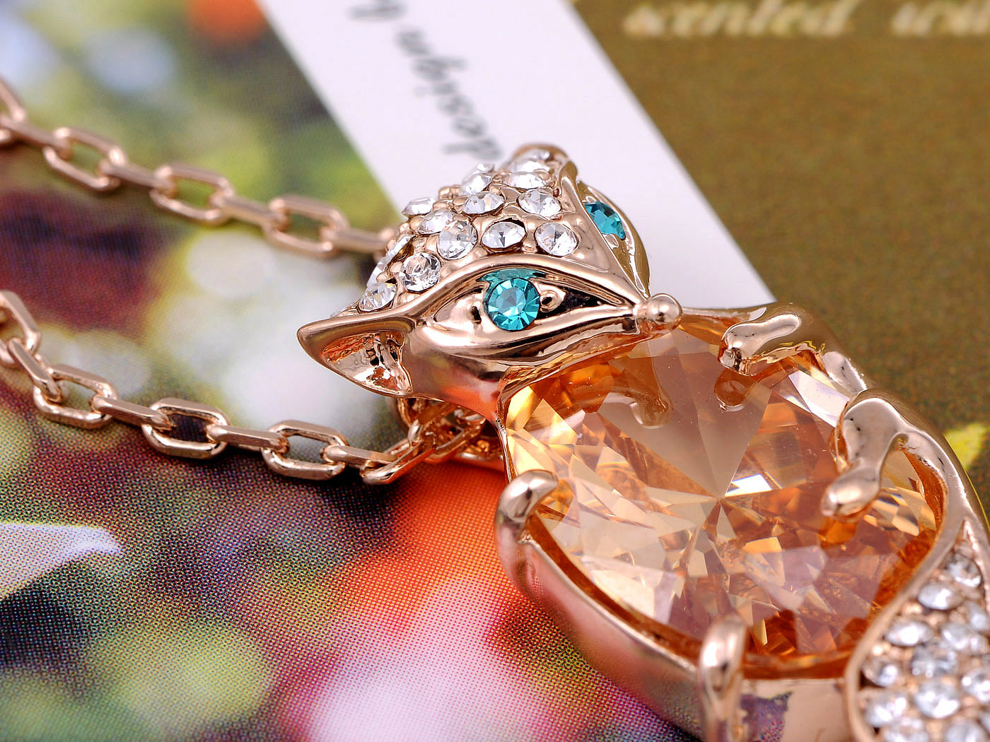 Women Gold Topaz Body Fox Animal Pendant Necklace