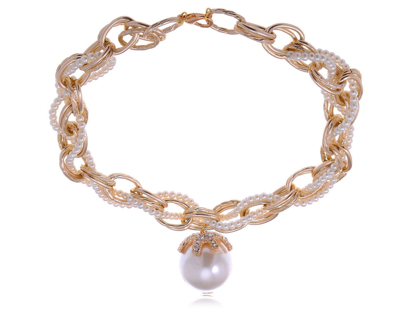 Chain Link Twist Braid Pearl Choker Necklace