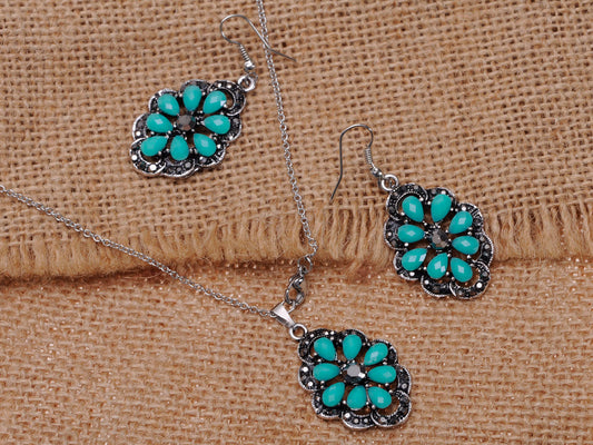 Flower Turquoise Gray Necklace Earring Set