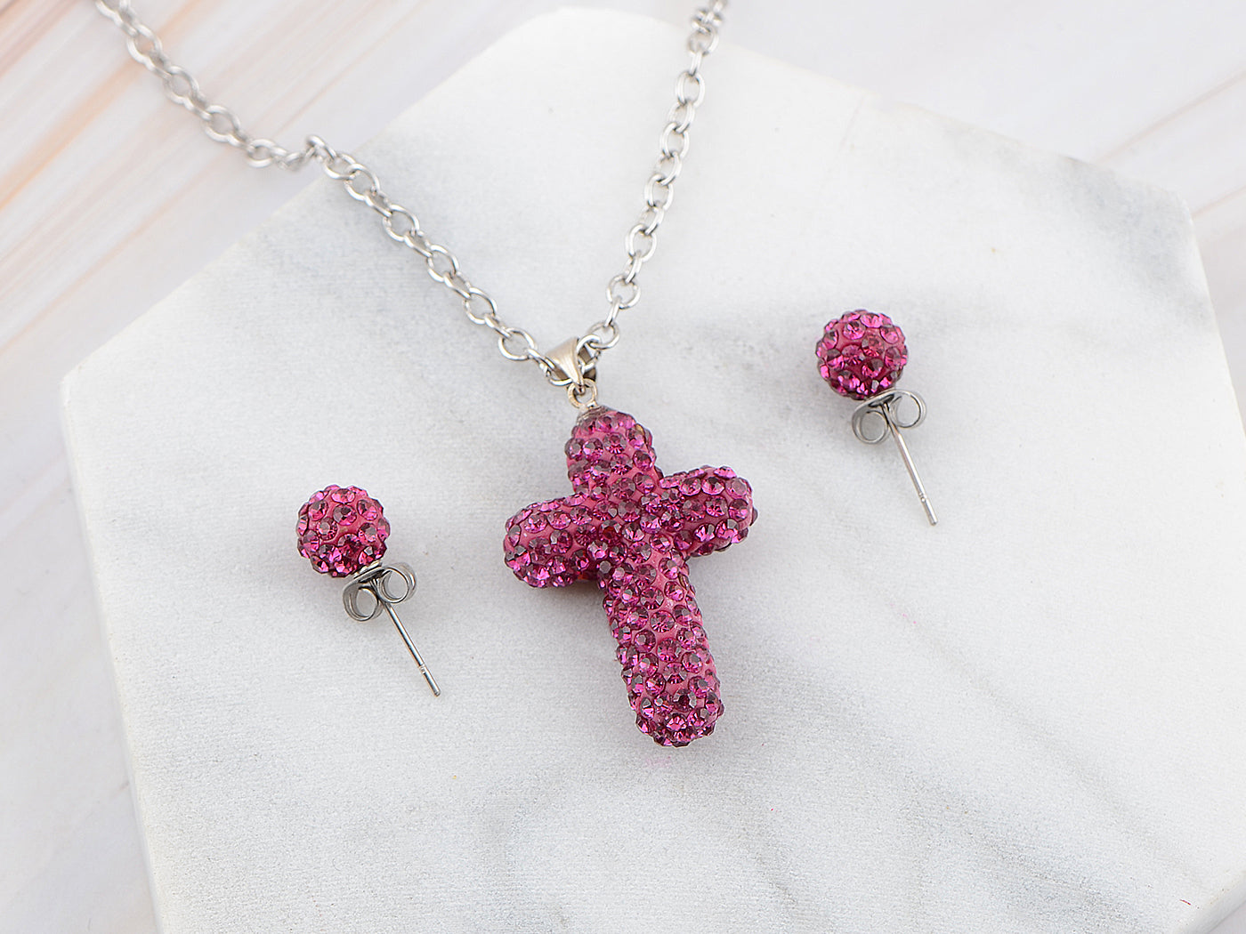 Bright Vibrant Fuchsia Purple Cross Pendant Earring Set