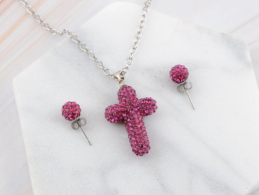 Bright Vibrant Fuchsia Purple Cross Pendant Earring Set