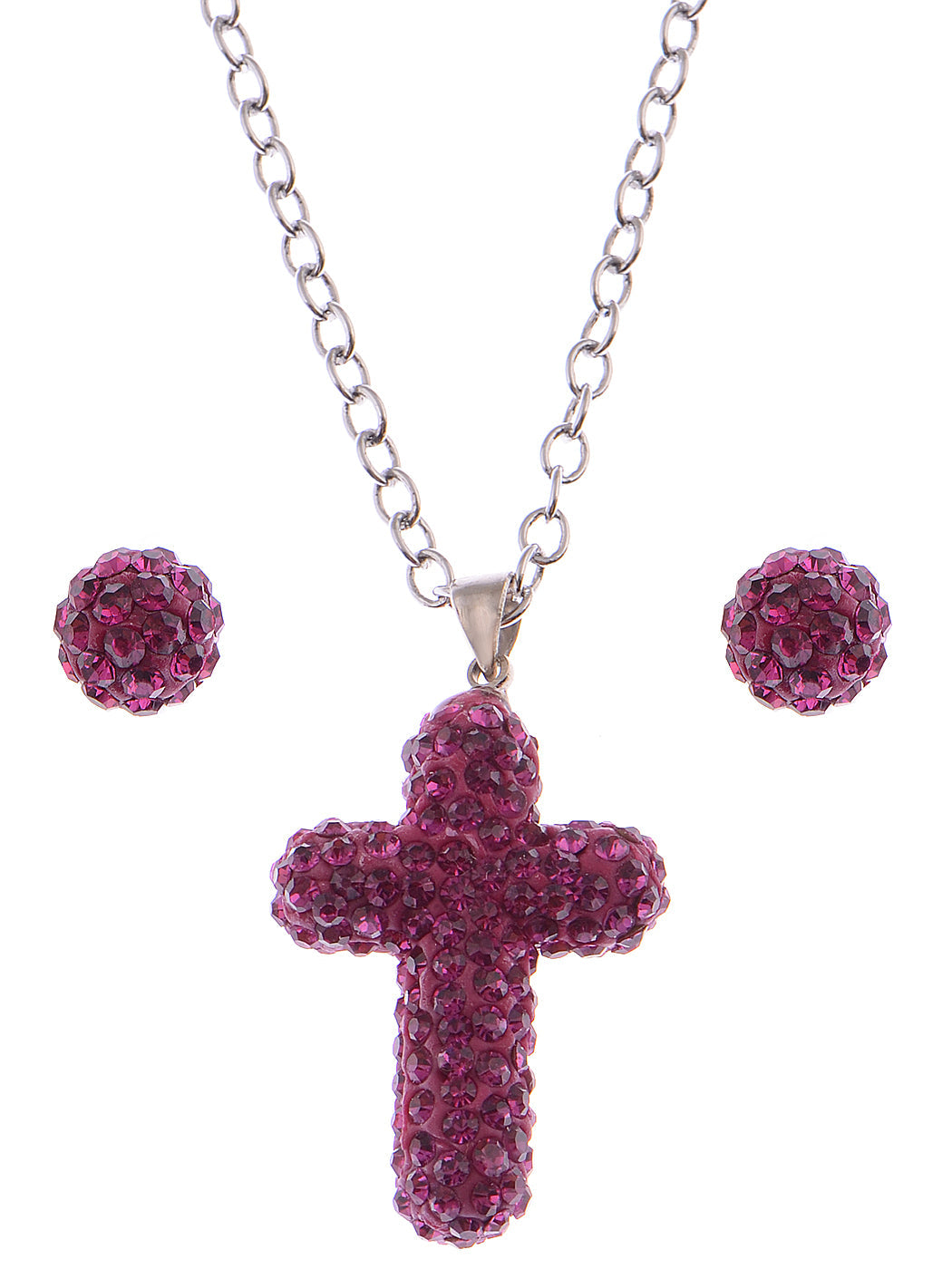 Bright Vibrant Fuchsia Purple Cross Pendant Earring Set