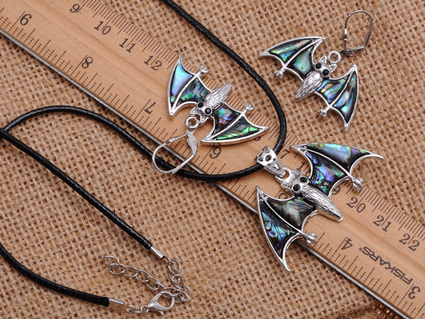 Abalone Colored Bat Vampire Necklace & Earrings Halloween Set