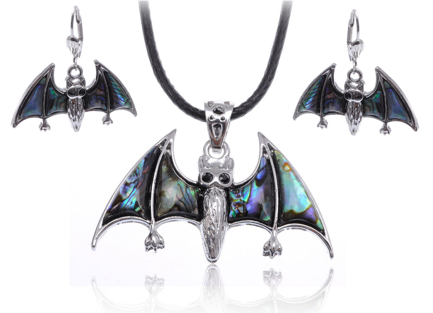 Abalone Colored Bat Vampire Necklace & Earrings Halloween Set
