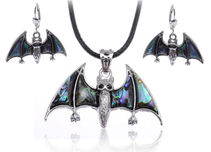 Abalone Colored Bat Vampire Necklace & Earrings Halloween Set