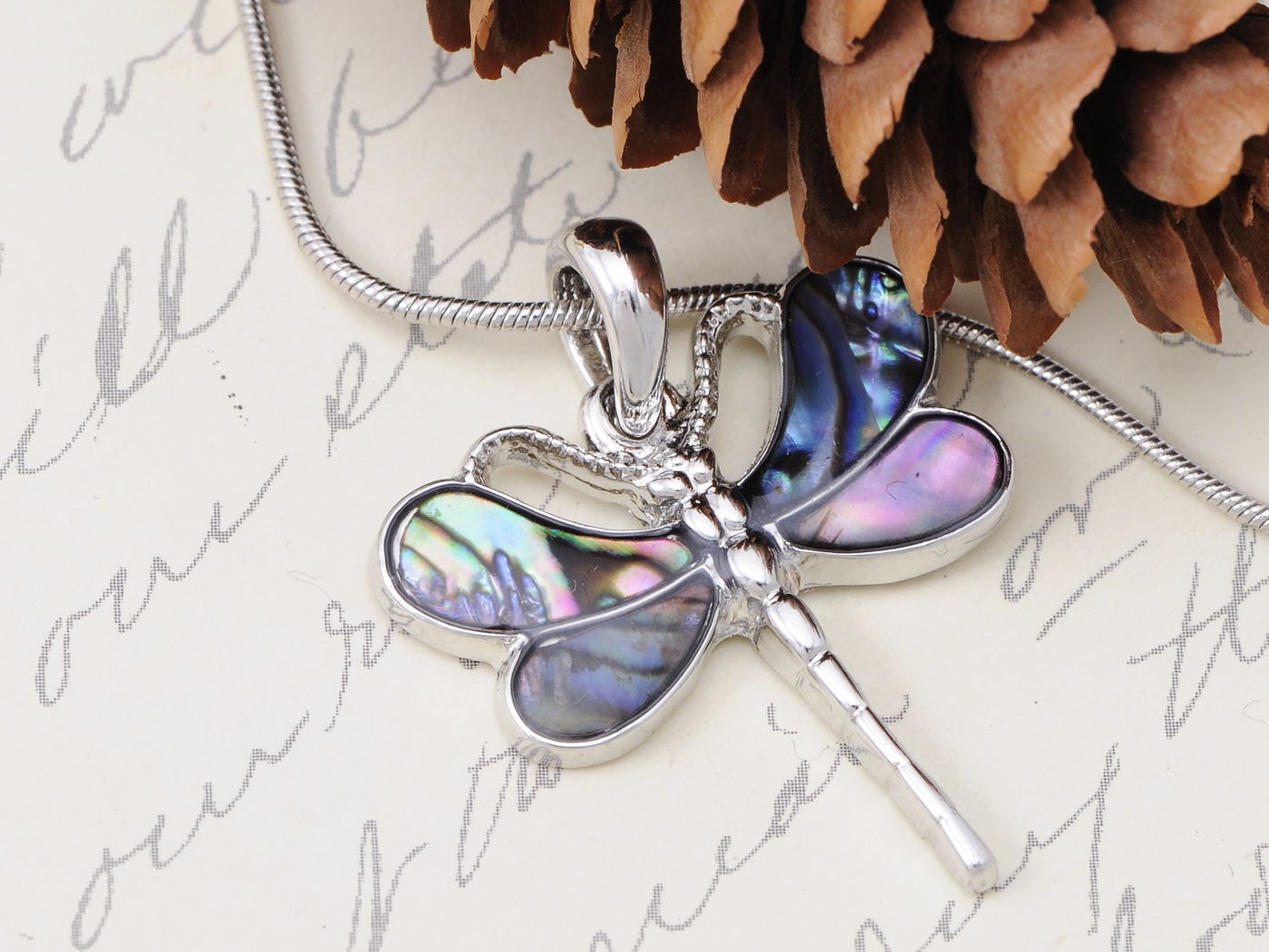 Silver Abalone Colored Butterfly Insect Wings Pendant Necklace