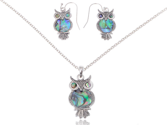 Abalone Colored Owl Bird Necklace Earrings Set