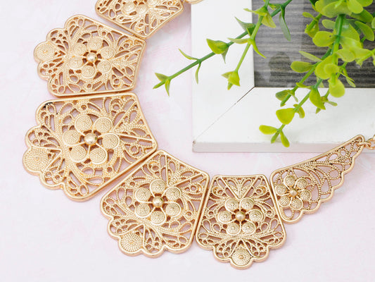 Matte Filigree Floral Cut Out Statement Bib Collar Necklace