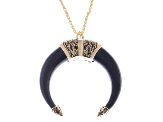 Boho Tribal Native American Crescent Moon Bull Horn Bone Pendant Necklace