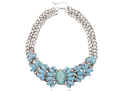 Retro 1960S Choker Blue Bead Pendant Two Chain Link Necklace