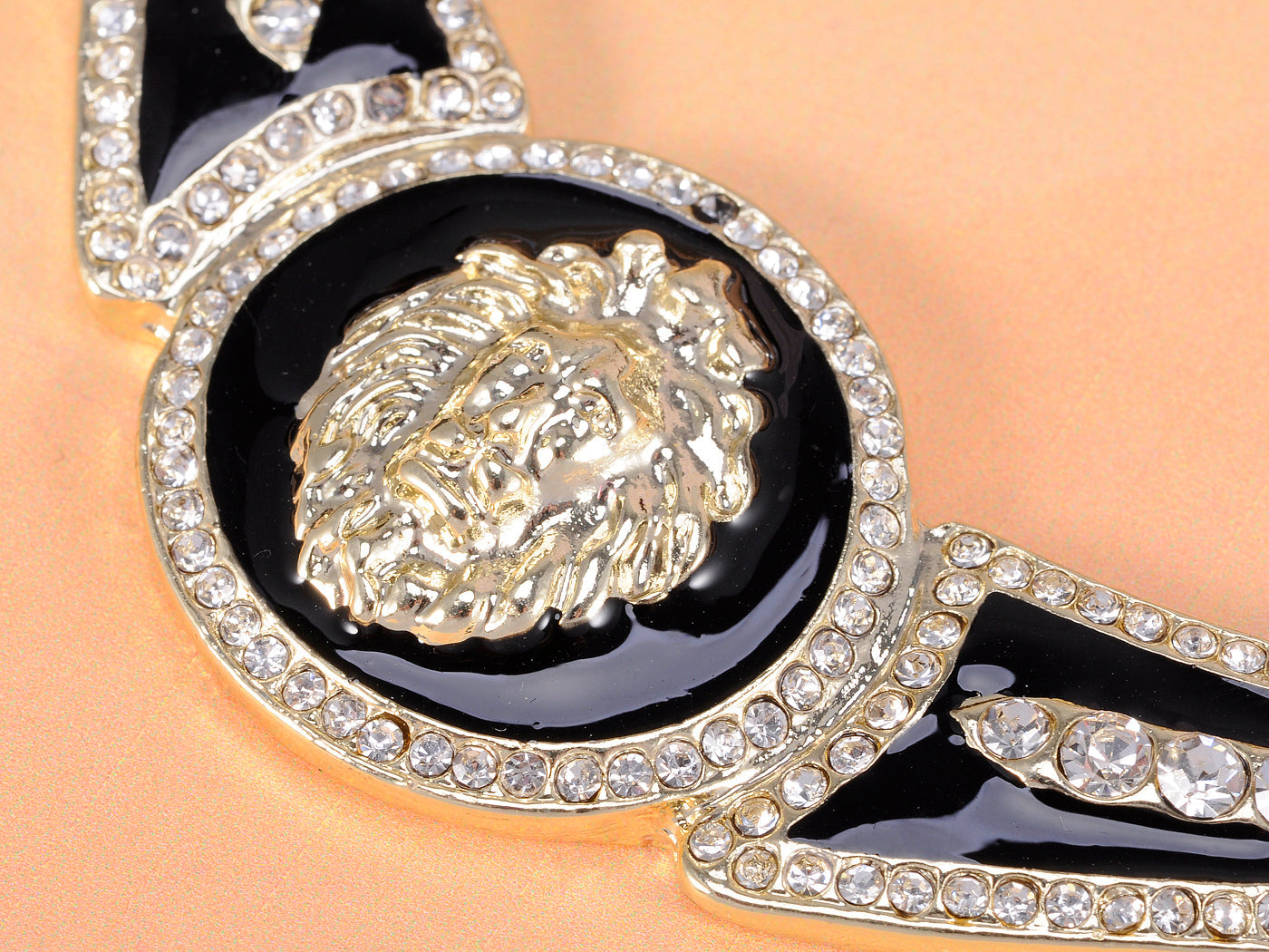 Royal Black Enamel Sculpted Lion Pendant Accented Necklace