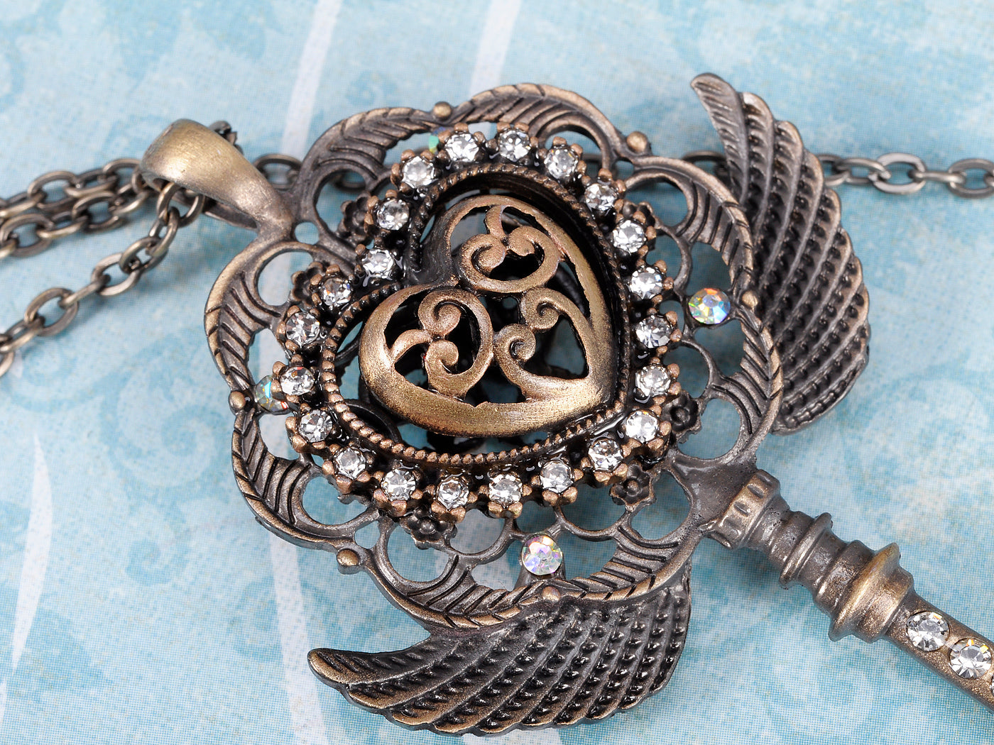 Flower Wing Heard Shape Key Pendant Linked Necklace