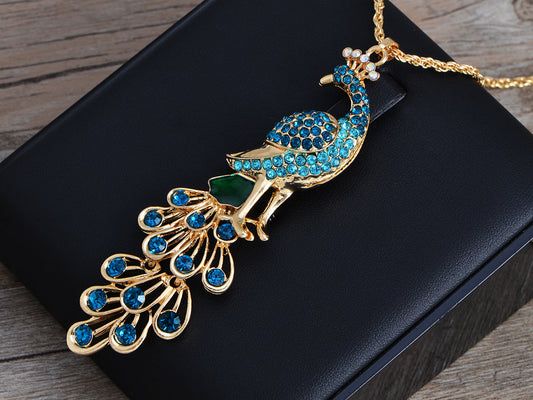 Blue Green Colored Peacock Bird Pendant Chain Necklace