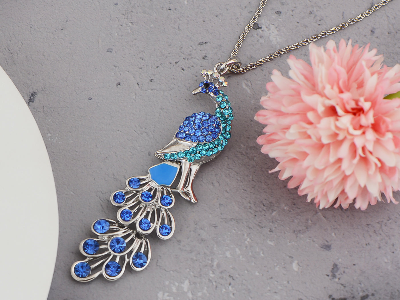 Blue Green Colored Peacock Bird Pendant Chain Necklace