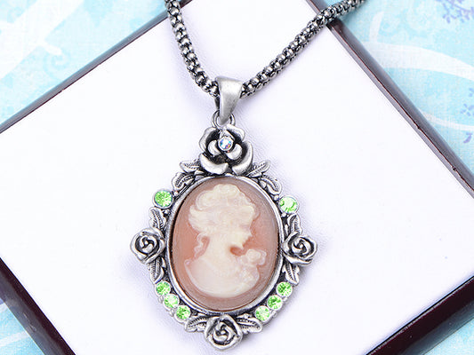 Vintage Lady Cameo Maiden Flower Floral Green Pendant Necklace