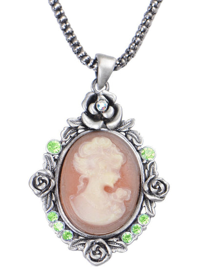 Vintage Lady Cameo Maiden Flower Floral Green Pendant Necklace