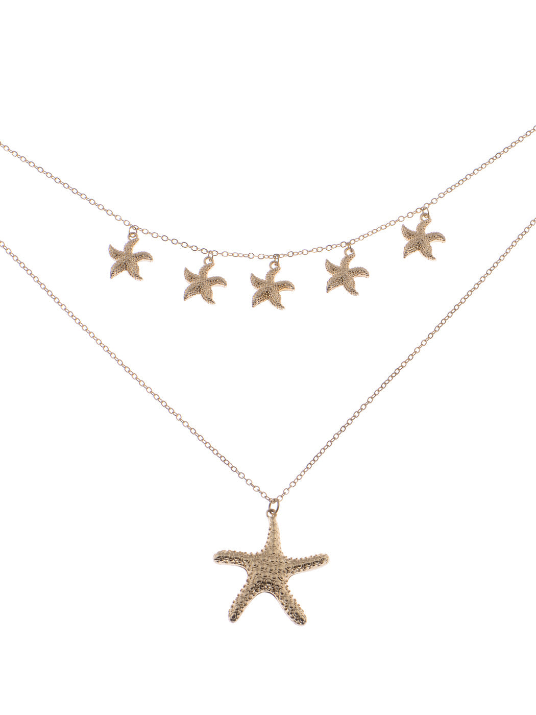 Layered 2 Chains Dangling Textured Starfish Pendant Beach Bride Bib Necklace
