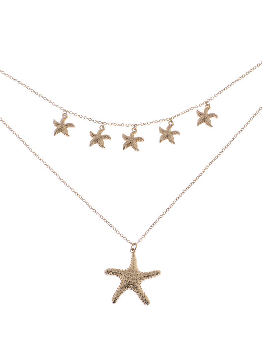 Layered 2 Chains Dangling Textured Starfish Pendant Beach Bride Bib Necklace