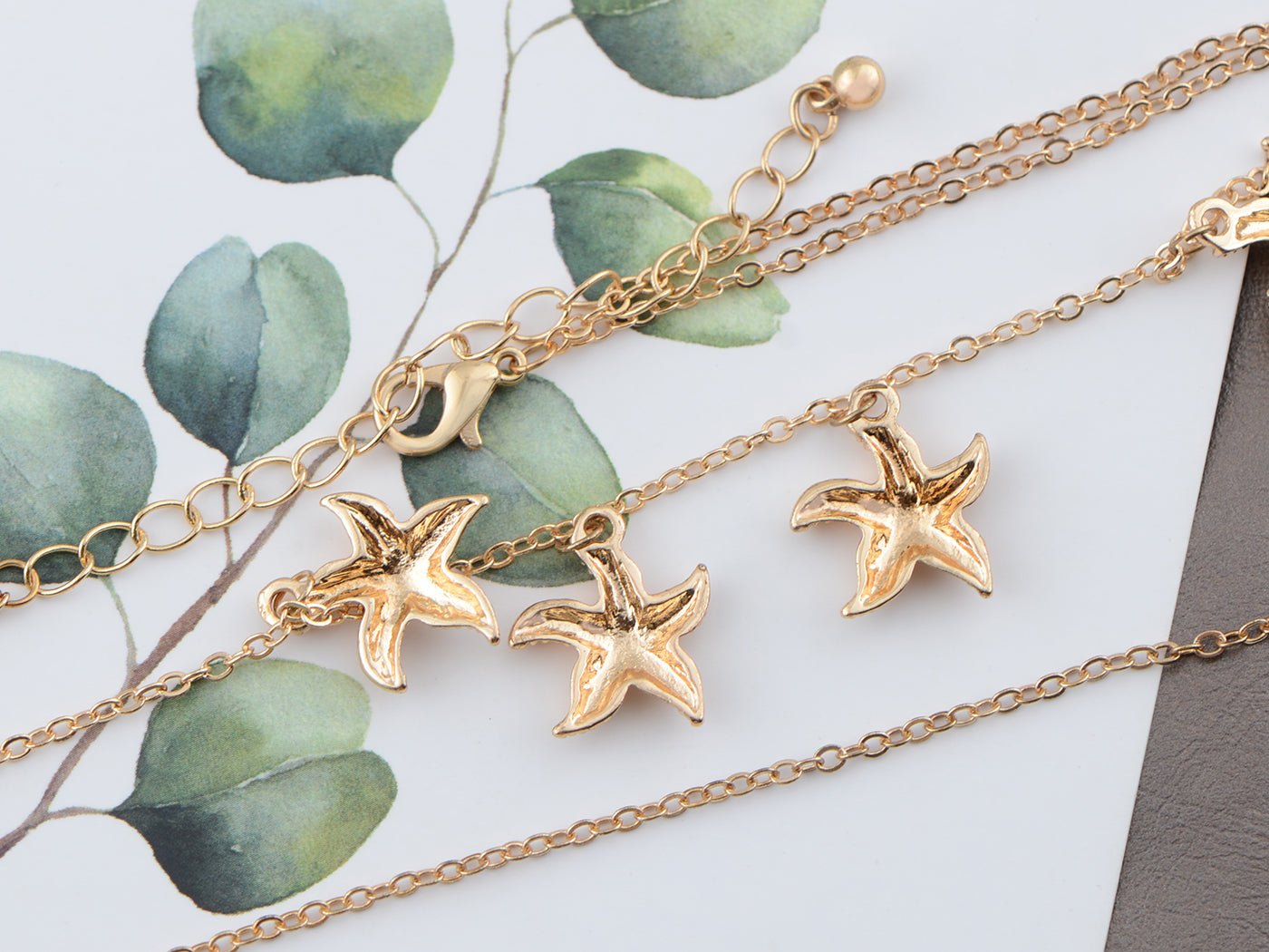 Layered 2 Chains Dangling Textured Starfish Pendant Beach Bride Bib Necklace