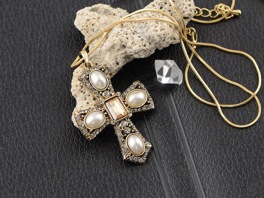 Antique Gold D Pearl Gray Topaz Faith Cross Pendant Necklace