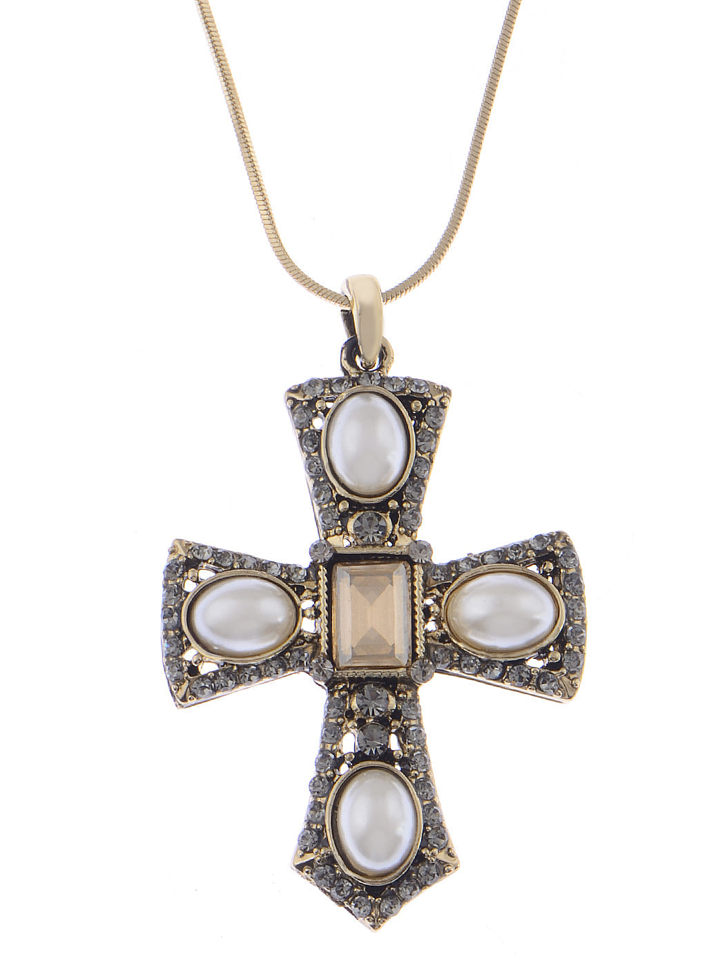 Antique Gold D Pearl Gray Topaz Faith Cross Pendant Necklace