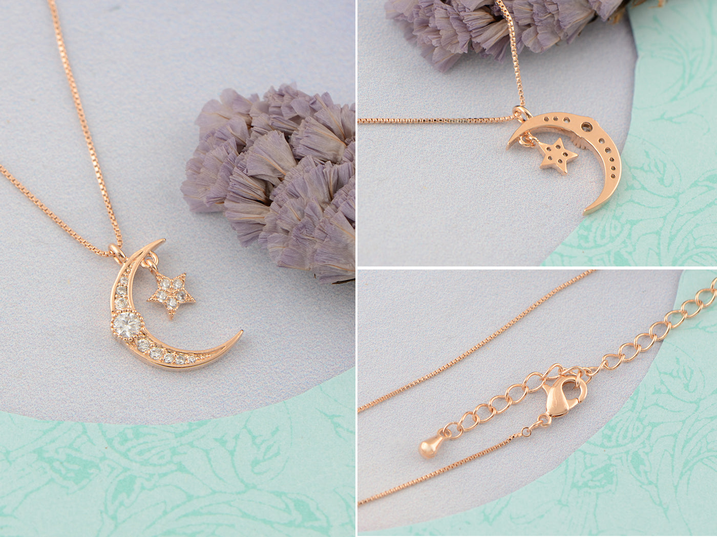 14K Gold Plated Cubic Zirconia Crescent Moon & Star Necklace