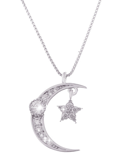 14K Gold Plated Cubic Zirconia Crescent Moon & Star Necklace