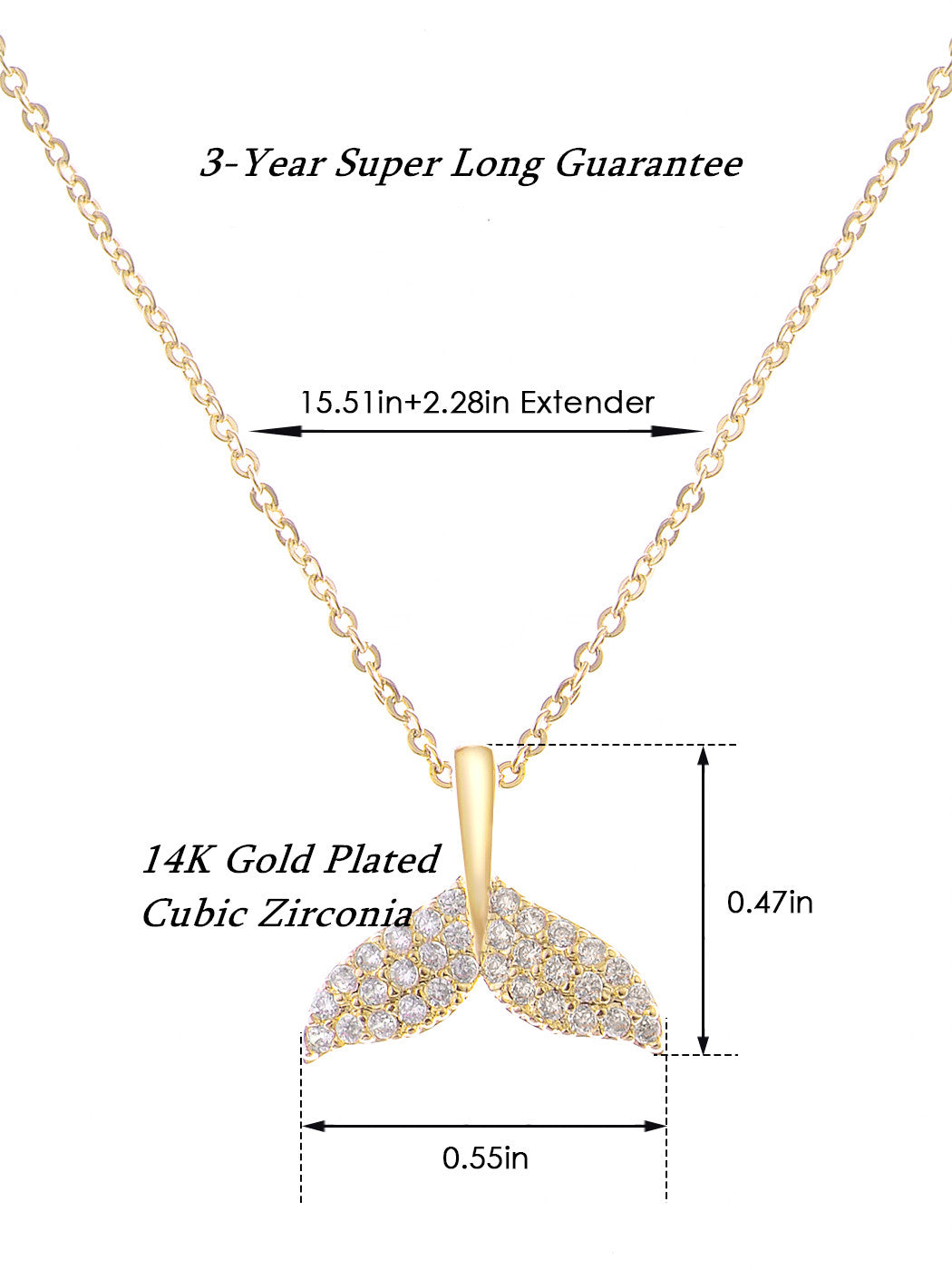 14K Gold Plated Cubic Zirconia Crystals Mermaid Tail Necklace