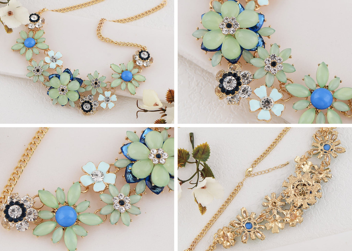 Pearl Floral Pink Multicolor Enamel Flower Bib Statement Necklace