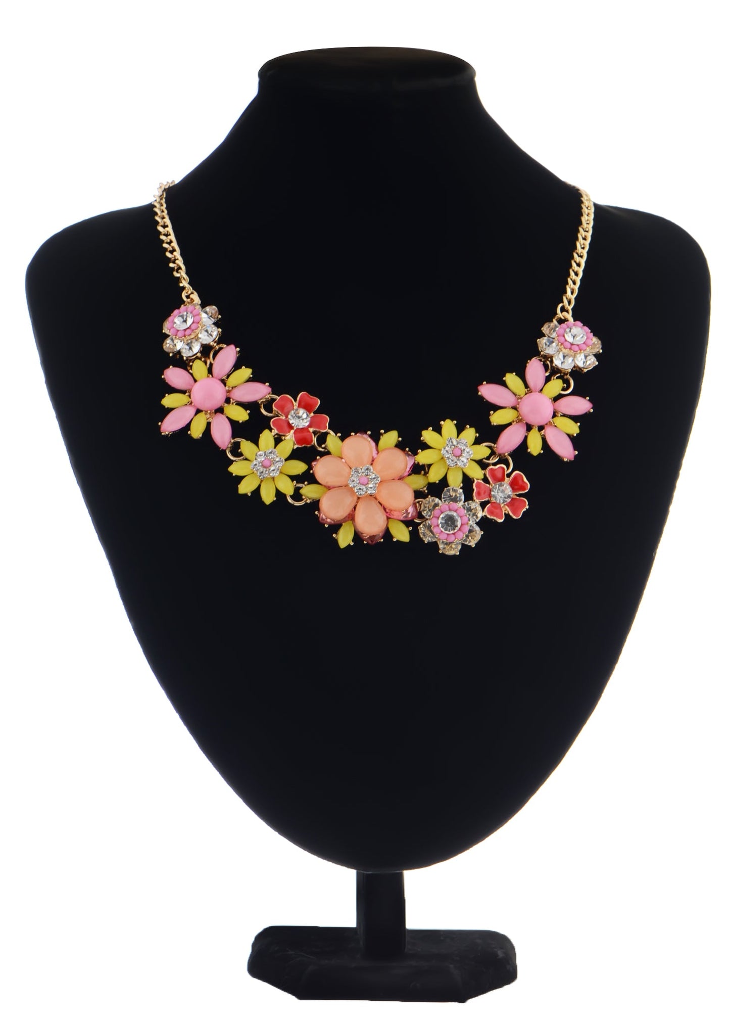 Pearl Floral Pink Multicolor Enamel Flower Bib Statement Necklace