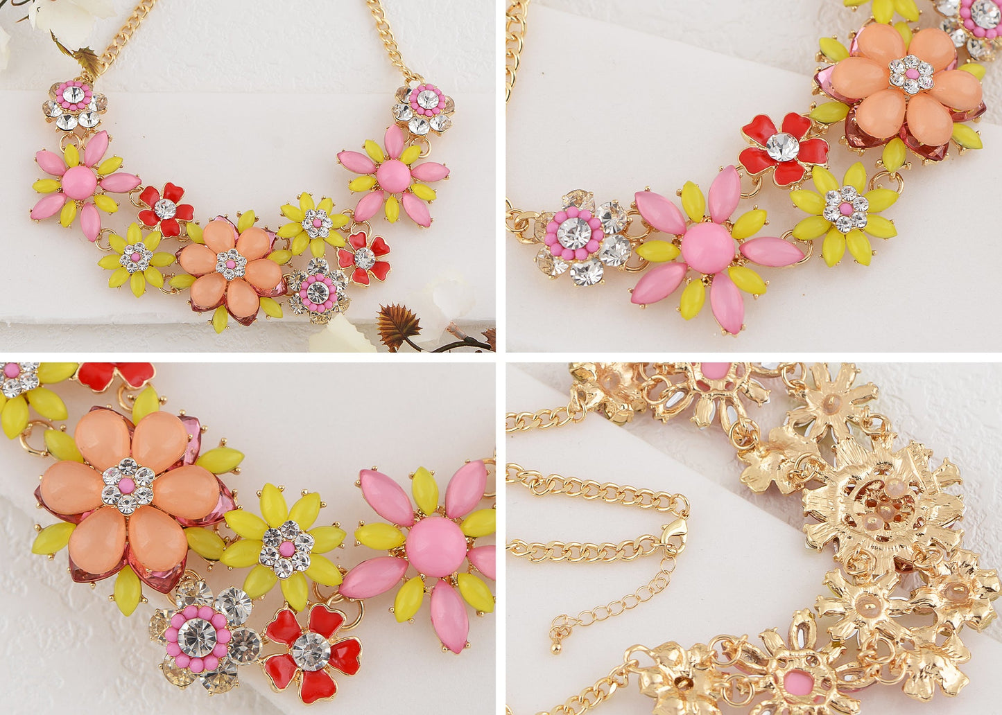 Pearl Floral Pink Multicolor Enamel Flower Bib Statement Necklace