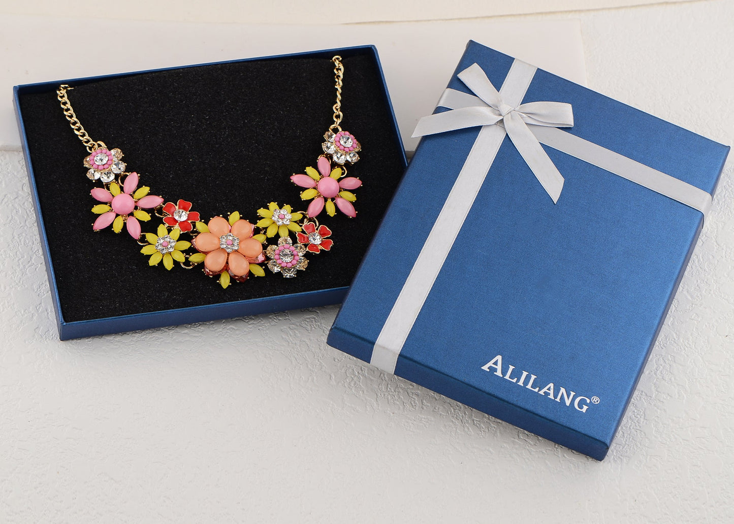 Pearl Floral Pink Multicolor Enamel Flower Bib Statement Necklace