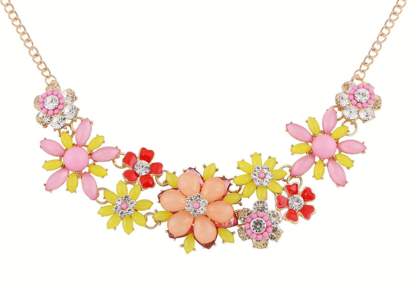 Pearl Floral Pink Multicolor Enamel Flower Bib Statement Necklace