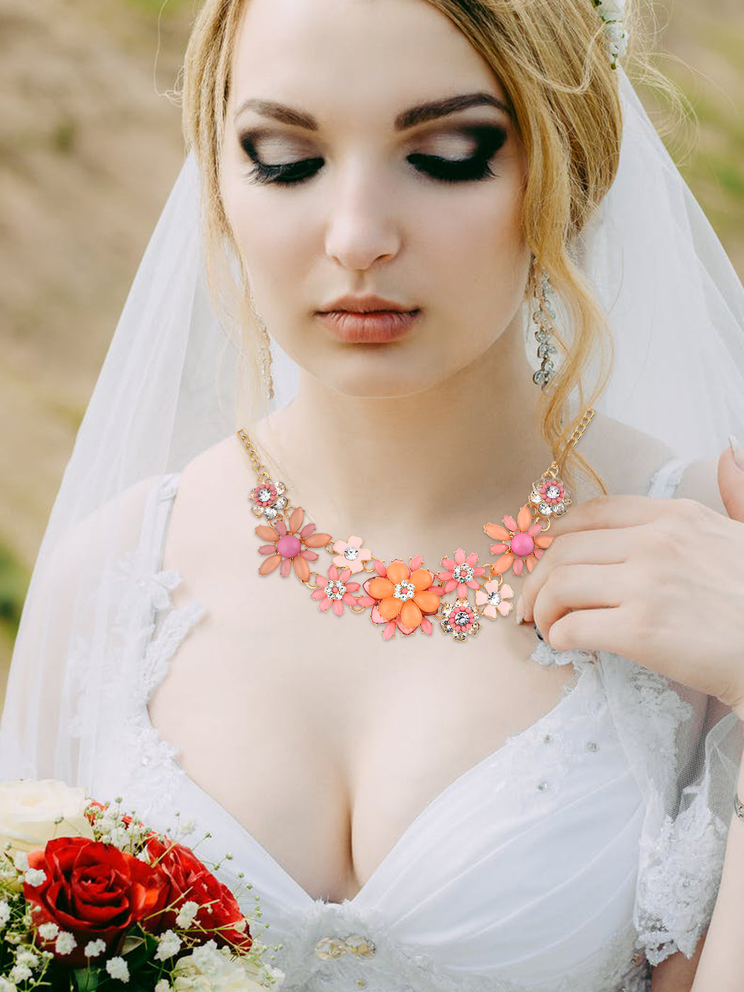 Pearl Floral Pink Multicolor Enamel Flower Bib Statement Necklace