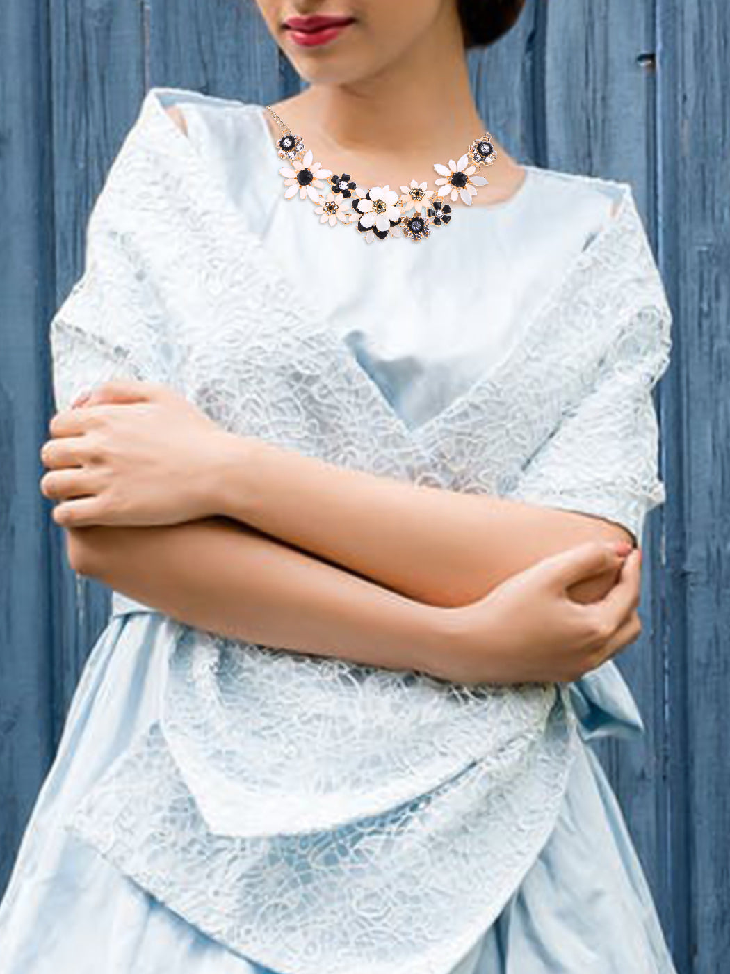 Pearl Floral Pink Multicolor Enamel Flower Bib Statement Necklace