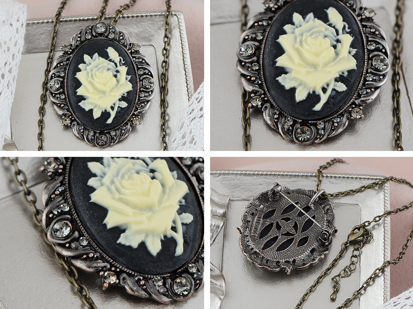 Alilang Vintage Inspired Sparkly Crystal Rhinestones Flower Cameo Pendant Necklace Brooch Pin