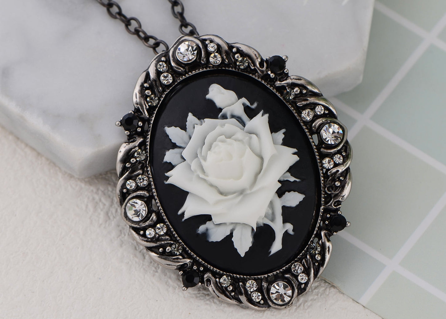 Alilang Vintage Inspired Sparkly Crystal Rhinestones Flower Cameo Pendant Necklace Brooch Pin