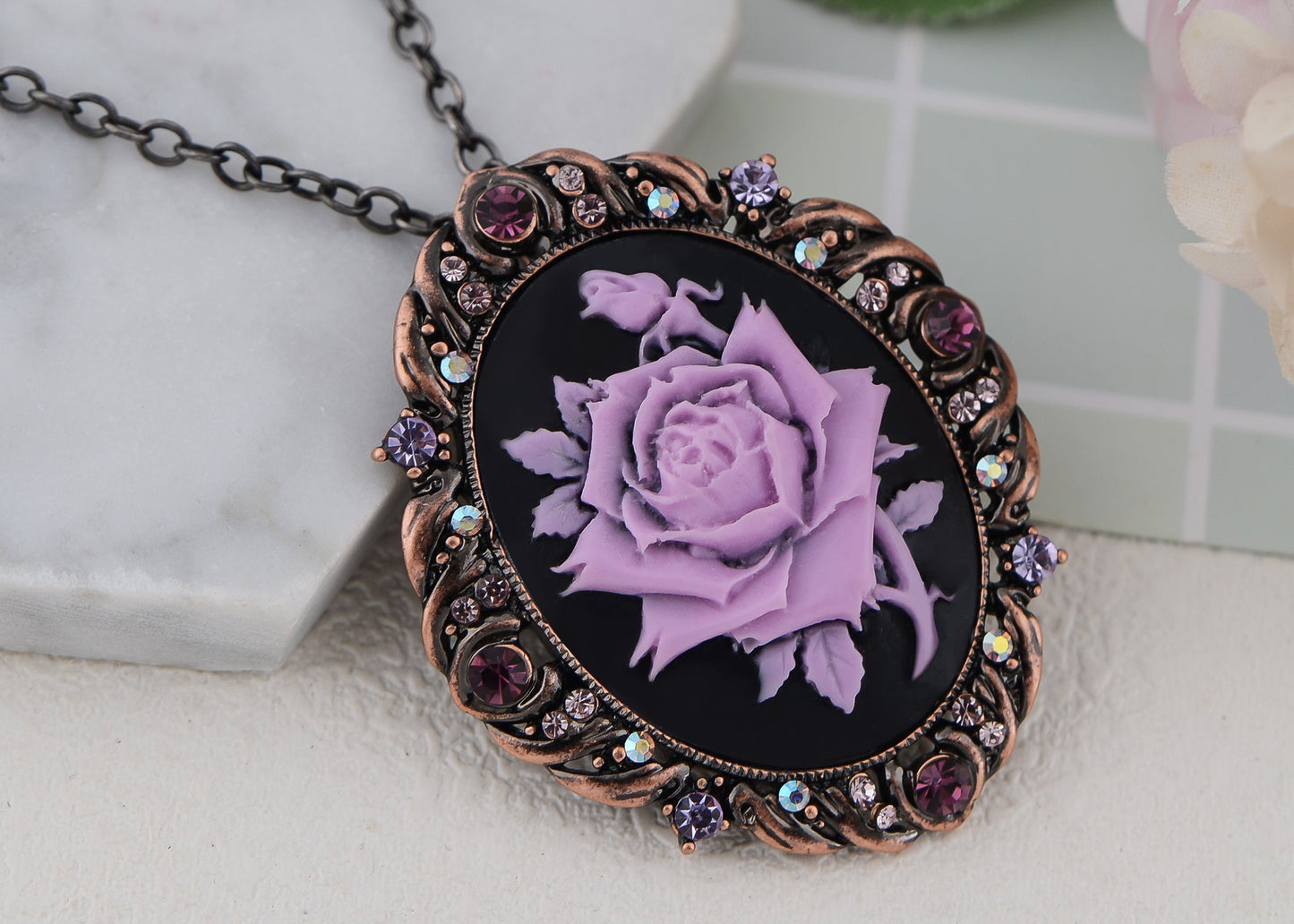 Alilang Vintage Inspired Sparkly Crystal Rhinestones Flower Cameo Pendant Necklace Brooch Pin