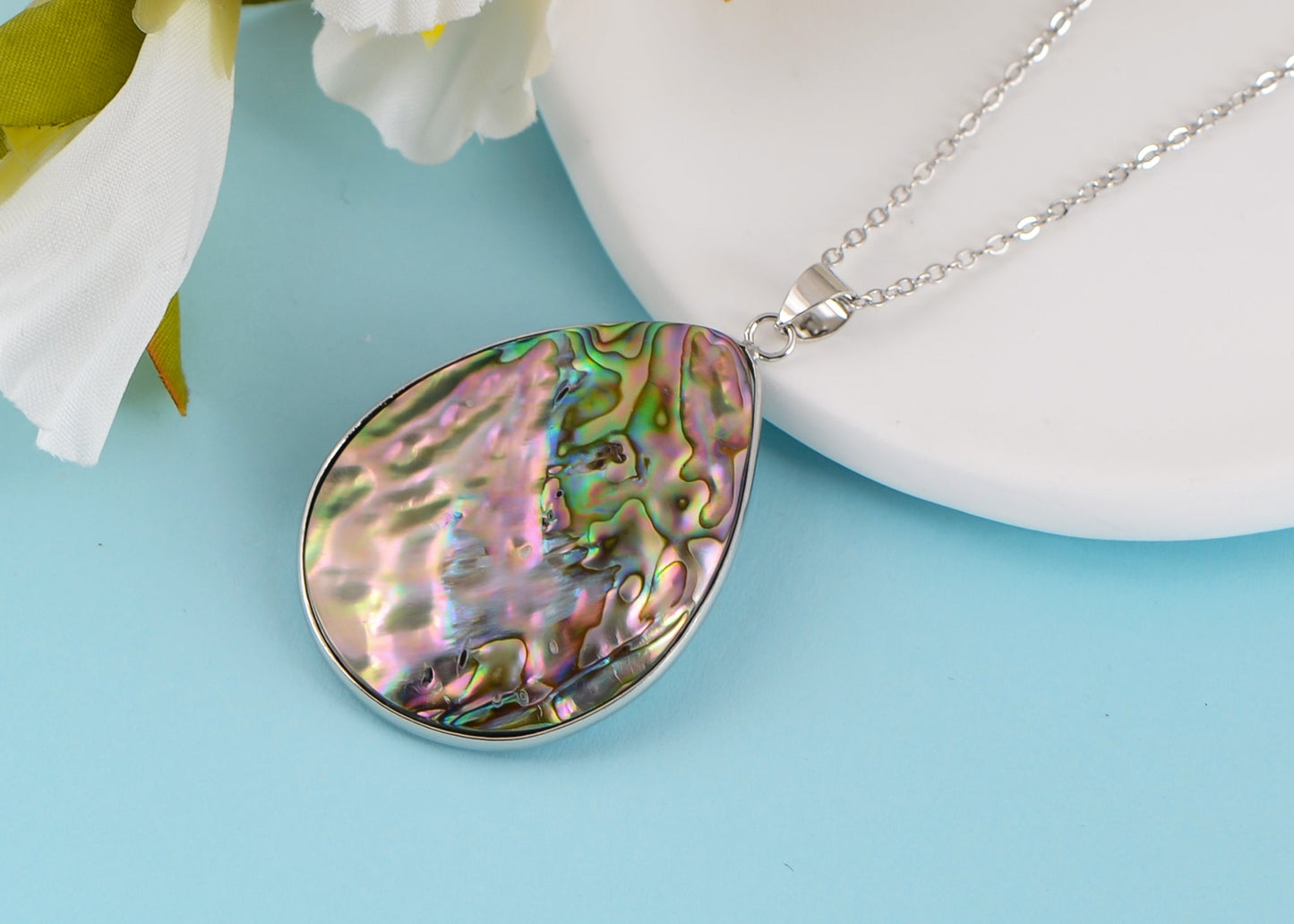 Alilang Silvery Tone Natural Abalone Shell Waterdrop Round Shape Pendant Necklace