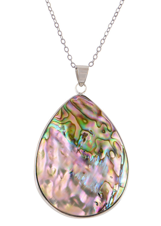 Alilang Silvery Tone Natural Abalone Shell Waterdrop Round Shape Pendant Necklace